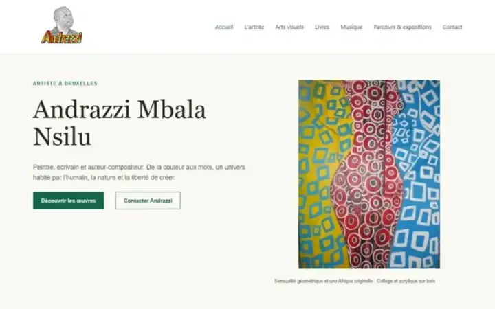 Page d’accueil du site d’Andrazzi Mbala Nsilu, artiste à Bruxelles, avec une de ses toiles