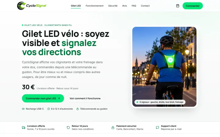Page d’accueil de CycloSignal, boutique WooCommerce de gilets LED pour cyclistes