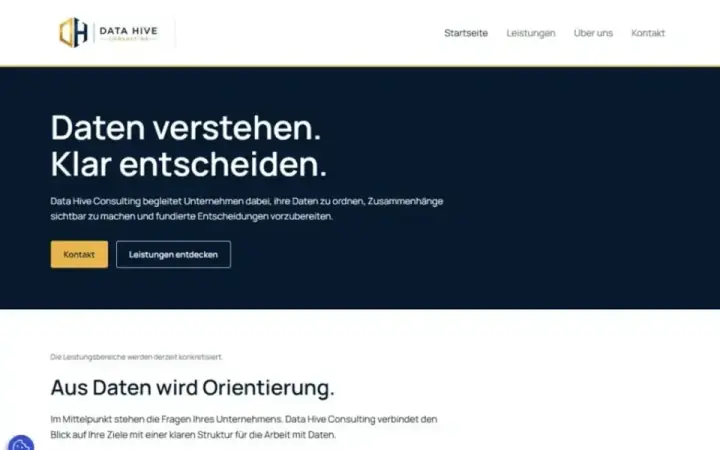 Page d’accueil en allemand de Data Hive Consulting : « Daten verstehen. Klar entscheiden. »