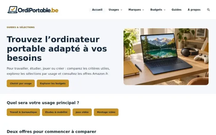 Page d’accueil d’OrdiPortable.be : « Trouvez l’ordinateur portable adapté à vos besoins »